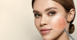 magnifying glass showing skin on cheek up close