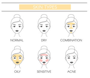 Basic skin types normal, dry, combination, oily, sensitive and acne infographic drawing